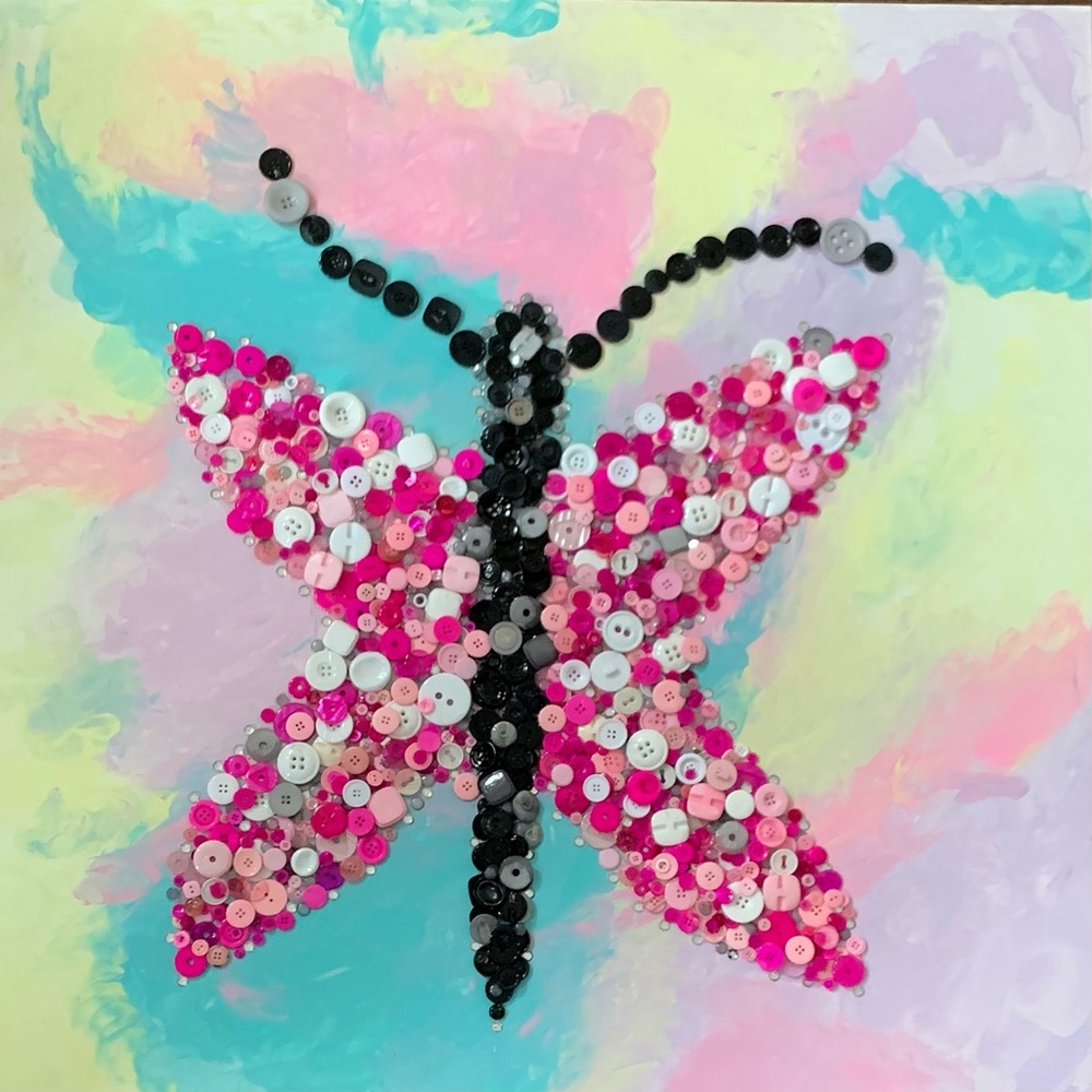 Vibrant Button Butterfly Art on Canvas